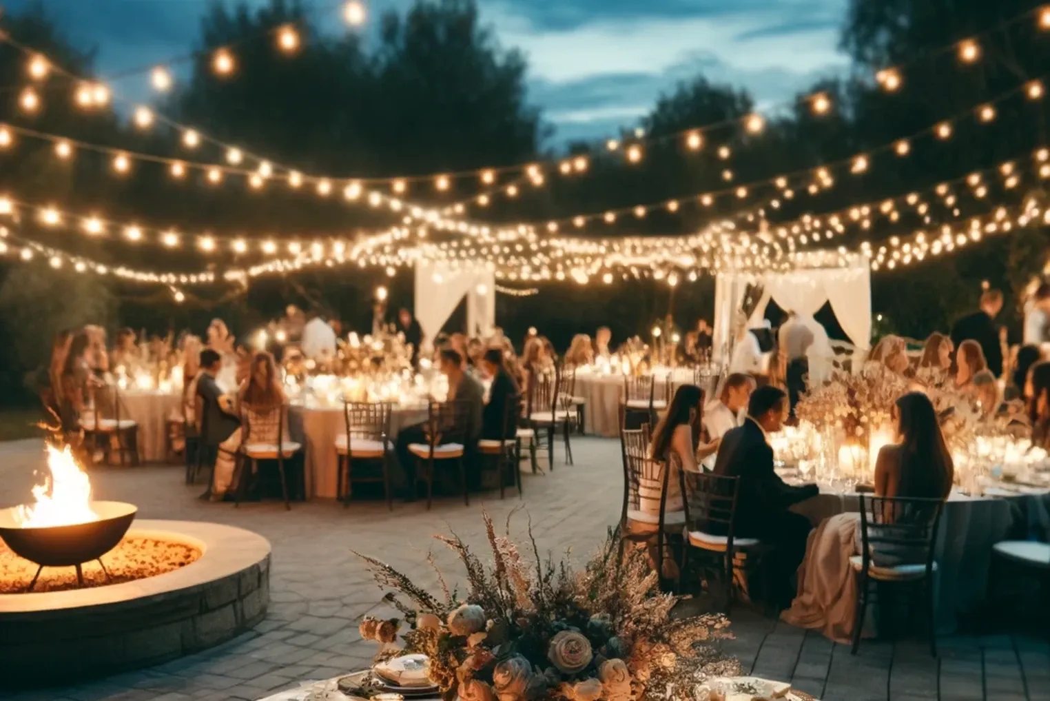 Guests dining under string lights beside a fire pit at night.