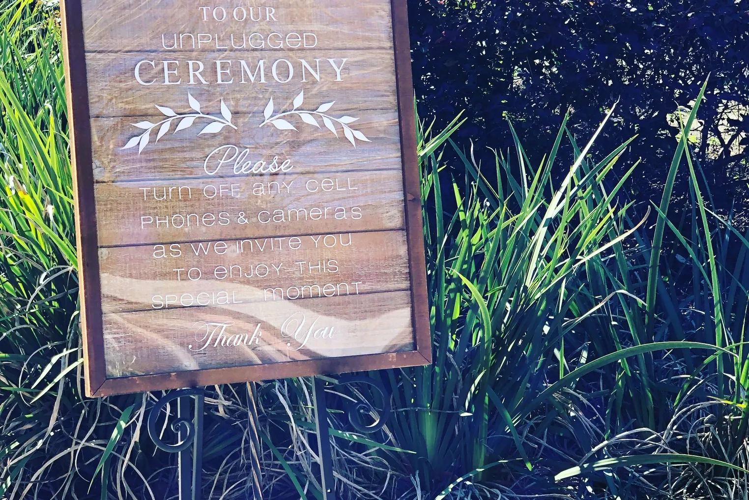 Wooden unplugged ceremony sign standing in tall grass