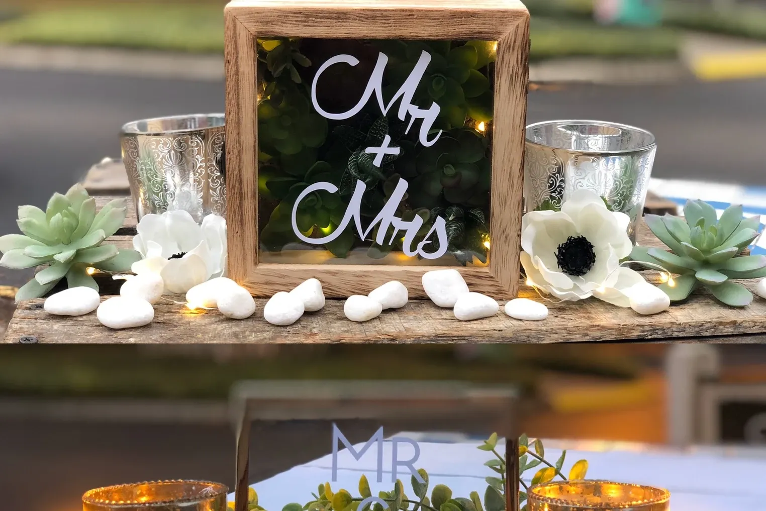 Mr plus Mrs marquee with anemones and river stones