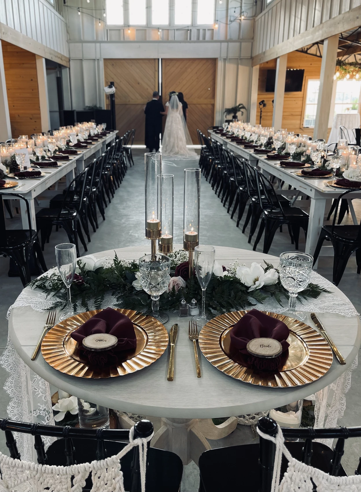 Reception tables set and ready, dressed by the same team that caters and runs the bar.